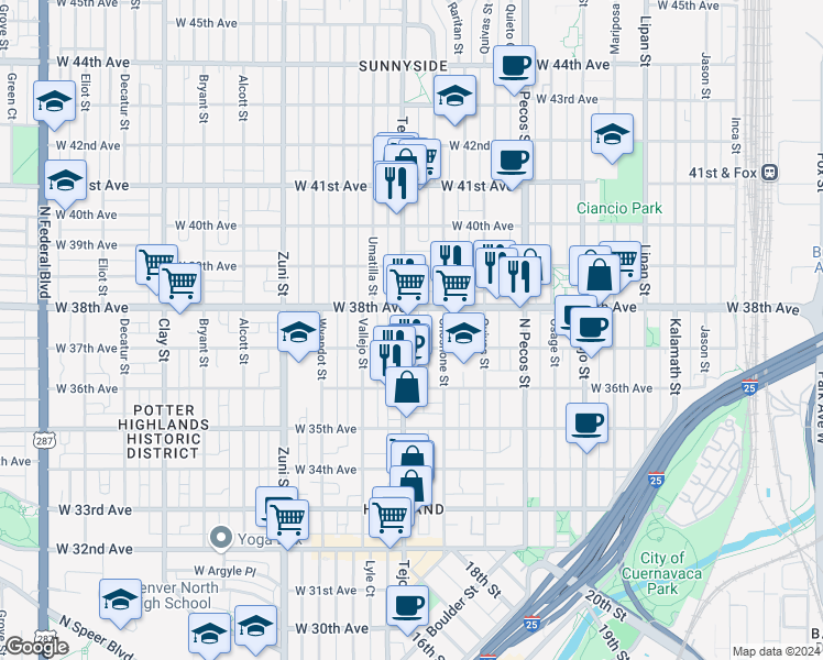 map of restaurants, bars, coffee shops, grocery stores, and more near 1934 West 37th Avenue in Denver