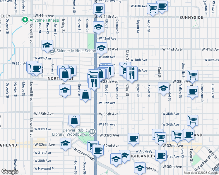 map of restaurants, bars, coffee shops, grocery stores, and more near 2812 West 37th Avenue in Denver
