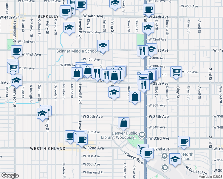 map of restaurants, bars, coffee shops, grocery stores, and more near 3725 Irving Street in Denver