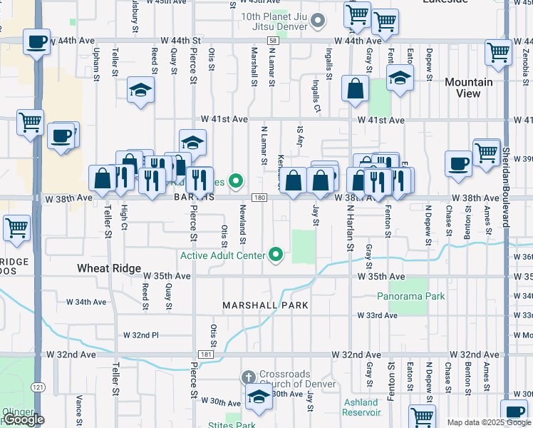 map of restaurants, bars, coffee shops, grocery stores, and more near 3700 Marshall Street in Wheat Ridge