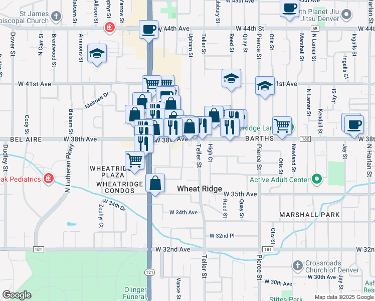 map of restaurants, bars, coffee shops, grocery stores, and more near 3659 Teller Street in Wheat Ridge