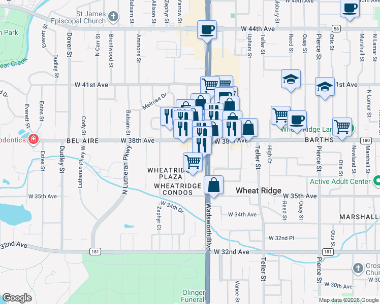 map of restaurants, bars, coffee shops, grocery stores, and more near 3609 Wadsworth Boulevard in Wheat Ridge
