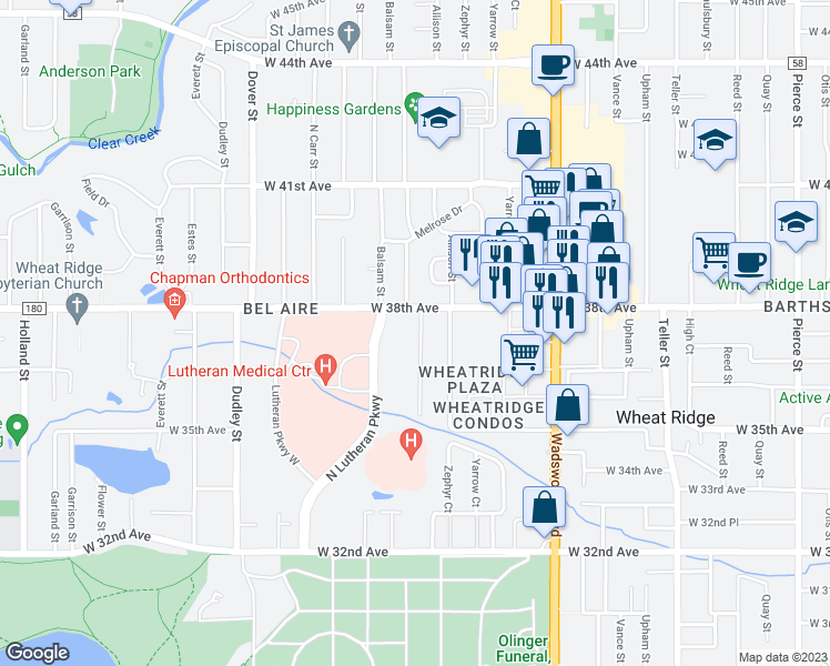 map of restaurants, bars, coffee shops, grocery stores, and more near 3685 Allison Court in Wheat Ridge