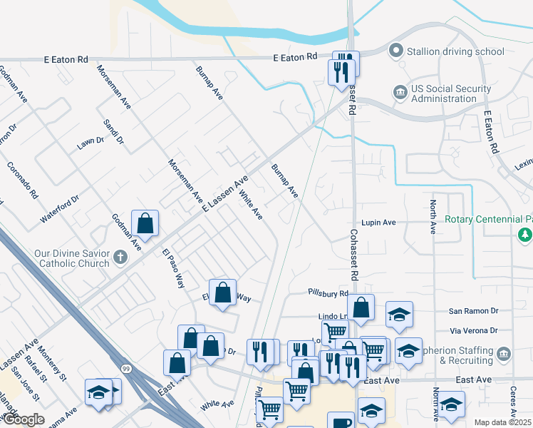 map of restaurants, bars, coffee shops, grocery stores, and more near 2707 White Avenue in Chico