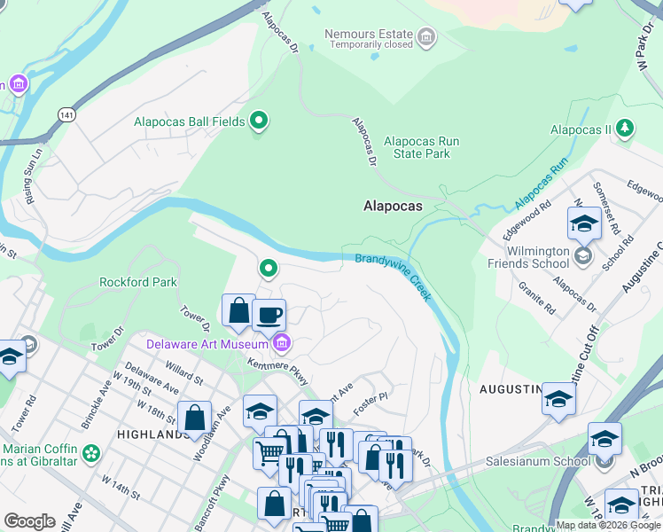 map of restaurants, bars, coffee shops, grocery stores, and more near 14 Hill Road in Wilmington