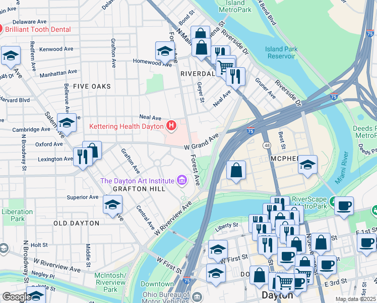 map of restaurants, bars, coffee shops, grocery stores, and more near 127 Forest Avenue in Dayton