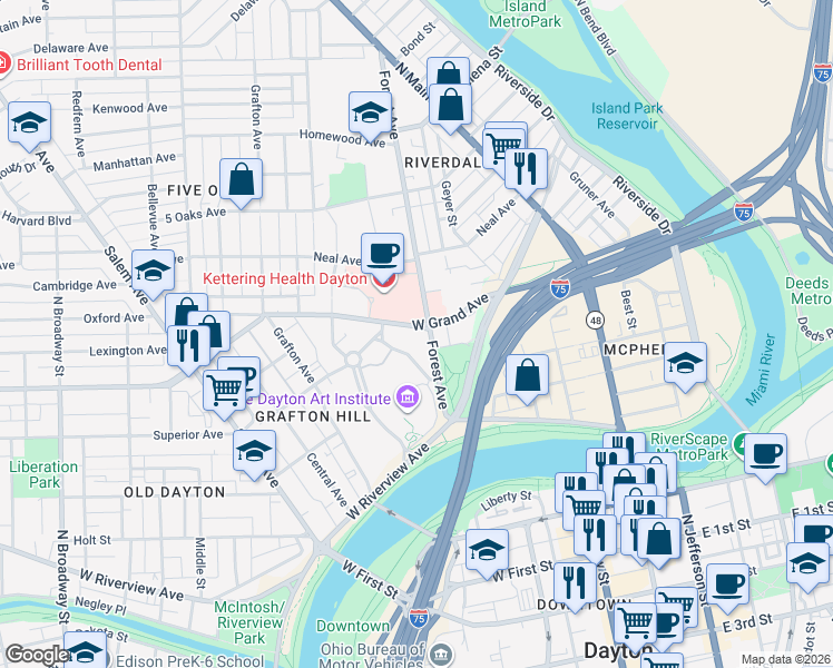 map of restaurants, bars, coffee shops, grocery stores, and more near 127 Forest Avenue in Dayton