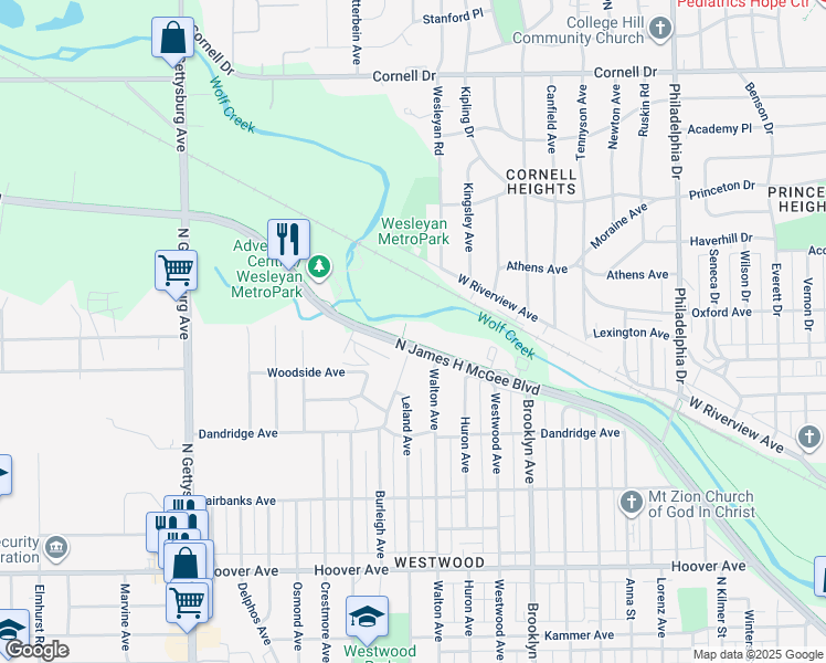 map of restaurants, bars, coffee shops, grocery stores, and more near 1804 Wolf Creek Trail in Dayton