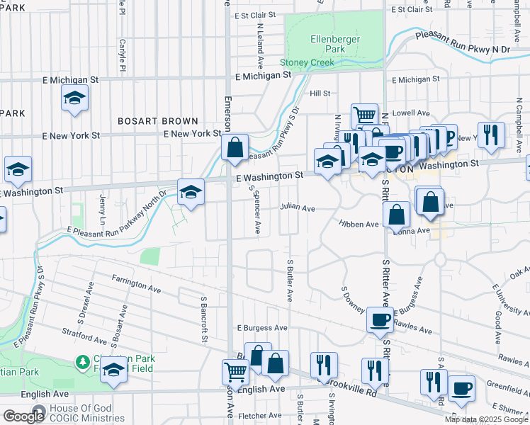 map of restaurants, bars, coffee shops, grocery stores, and more near 132 South Butler Avenue in Indianapolis