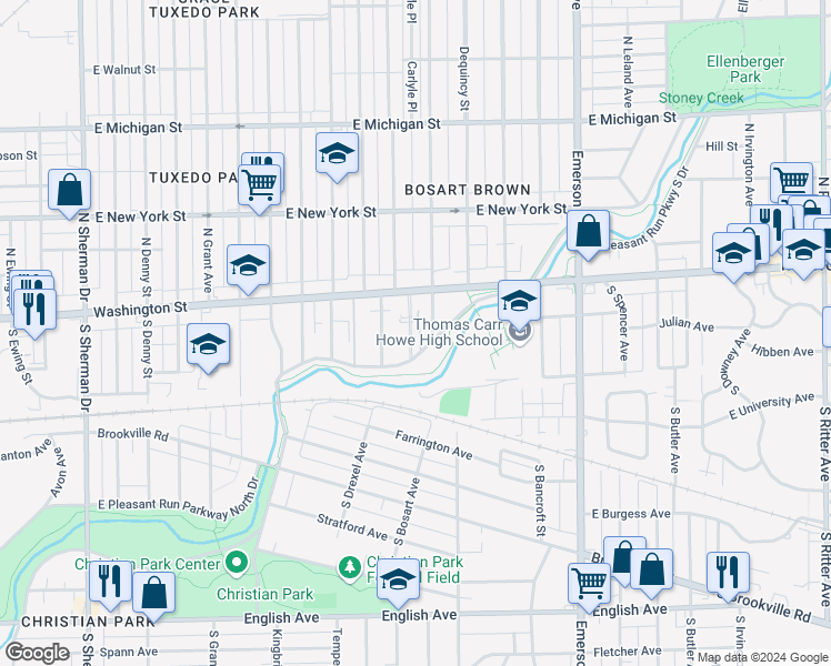 map of restaurants, bars, coffee shops, grocery stores, and more near 4736 East Pleasant Run Parkway North Drive in Indianapolis
