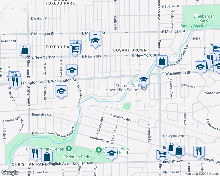 map of restaurants, bars, coffee shops, grocery stores, and more near 4642 East Pleasant Run Parkway North Drive in Indianapolis
