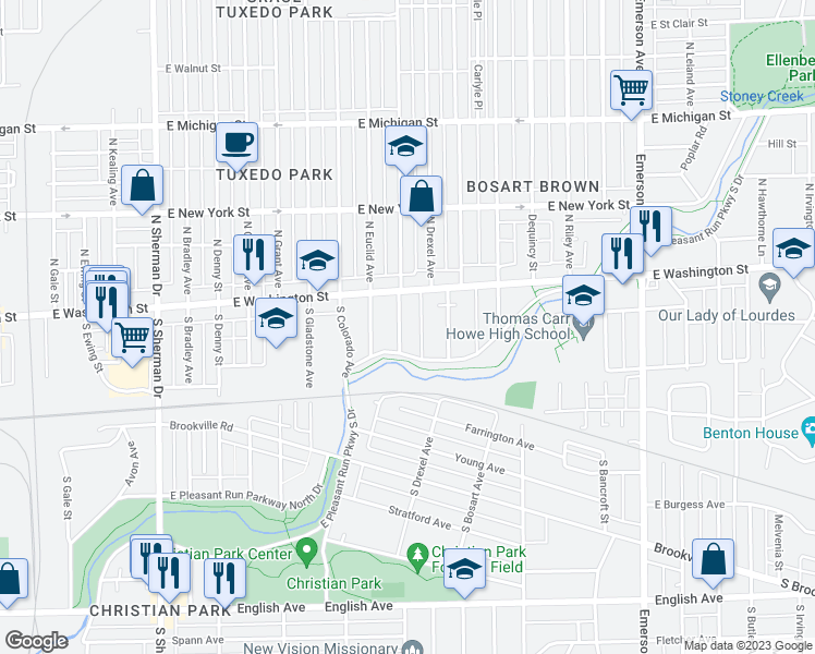 map of restaurants, bars, coffee shops, grocery stores, and more near 55 South Linwood Avenue in Indianapolis