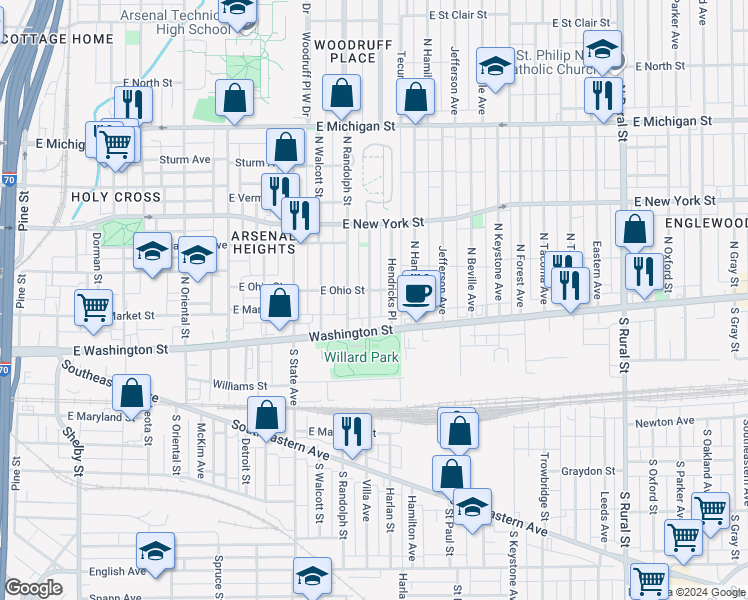 map of restaurants, bars, coffee shops, grocery stores, and more near in Indianapolis