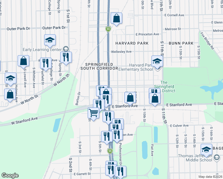 map of restaurants, bars, coffee shops, grocery stores, and more near 2621 South 7th Street in Springfield