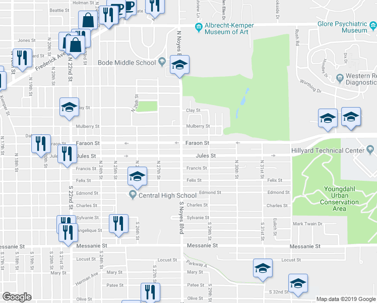 map of restaurants, bars, coffee shops, grocery stores, and more near 2814 Jules Street in Saint Joseph
