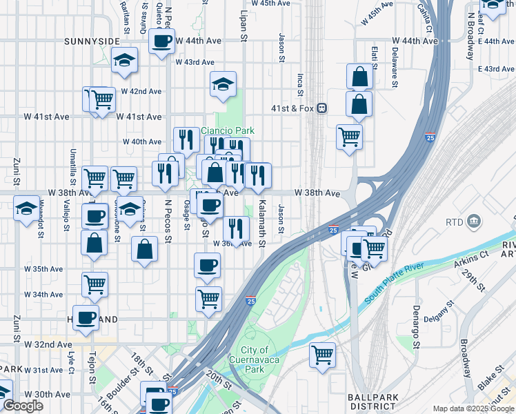 map of restaurants, bars, coffee shops, grocery stores, and more near 3658 Lipan Street in Denver