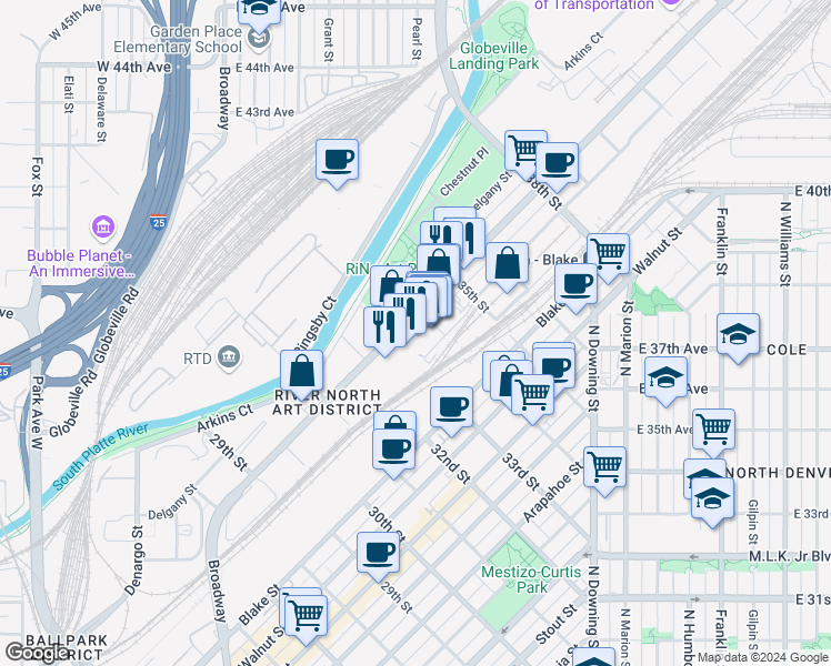 map of restaurants, bars, coffee shops, grocery stores, and more near 3330 Brighton Boulevard in Denver