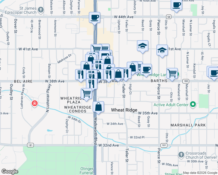 map of restaurants, bars, coffee shops, grocery stores, and more near 3726 Vance Street in Wheat Ridge