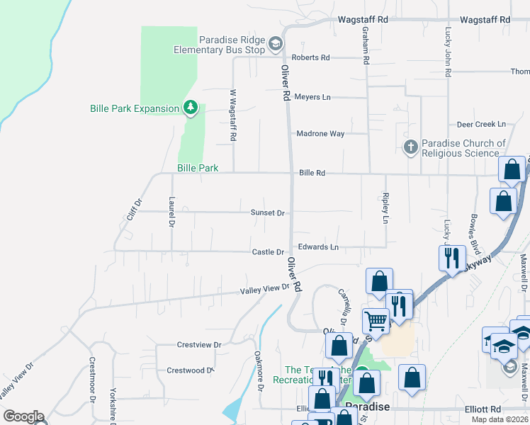 map of restaurants, bars, coffee shops, grocery stores, and more near Lois Drive in Paradise