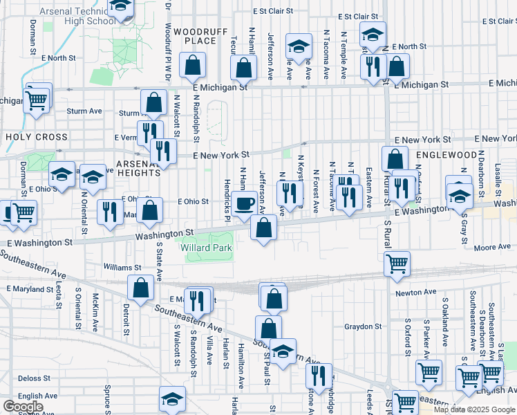 map of restaurants, bars, coffee shops, grocery stores, and more near 18 Jefferson Avenue in Indianapolis