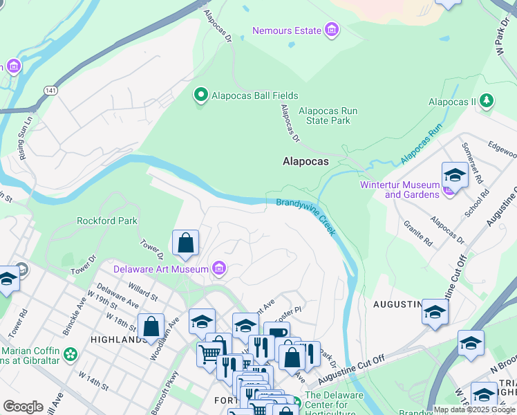 map of restaurants, bars, coffee shops, grocery stores, and more near 14 Hill Road in Wilmington