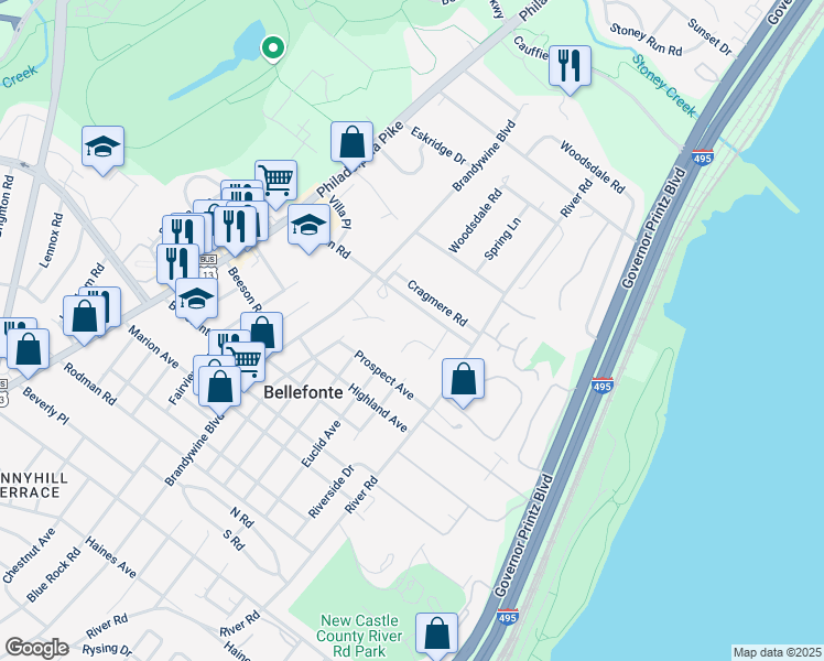 map of restaurants, bars, coffee shops, grocery stores, and more near 13 Lori Lane in Wilmington