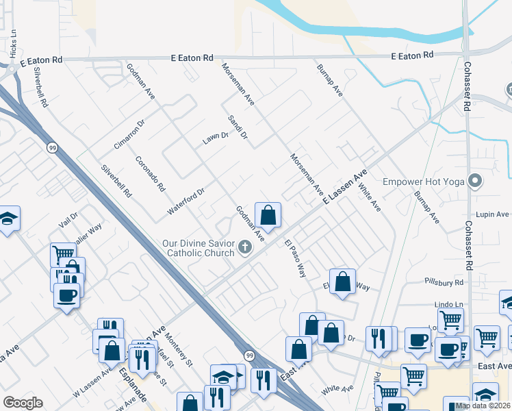 map of restaurants, bars, coffee shops, grocery stores, and more near 667 Morgan Drive in Chico