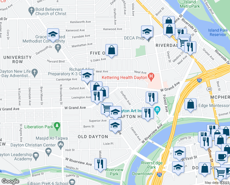 map of restaurants, bars, coffee shops, grocery stores, and more near 616 West Grand Avenue in Dayton