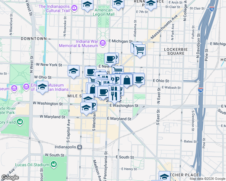 map of restaurants, bars, coffee shops, grocery stores, and more near 244 North College Avenue in Indianapolis