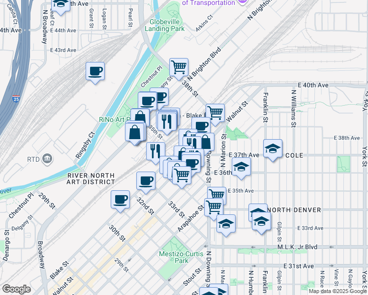 map of restaurants, bars, coffee shops, grocery stores, and more near 3500 Blake Street in Denver