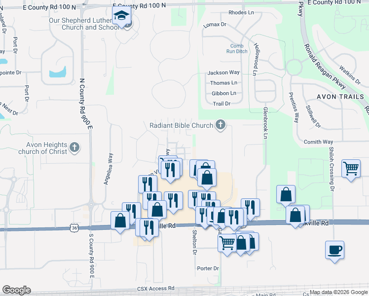 map of restaurants, bars, coffee shops, grocery stores, and more near Enclave Drive in Avon