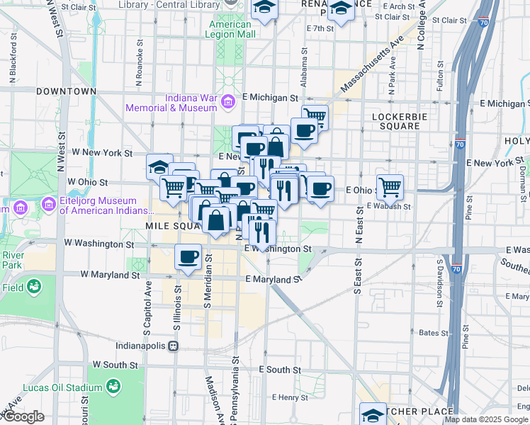 map of restaurants, bars, coffee shops, grocery stores, and more near in Indianapolis