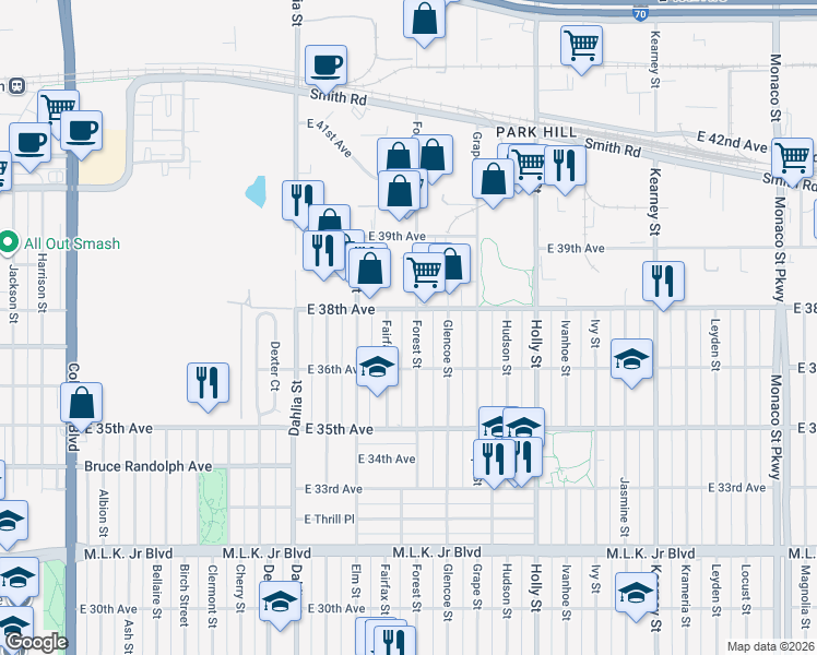 map of restaurants, bars, coffee shops, grocery stores, and more near 3630 Fairfax Street in Denver