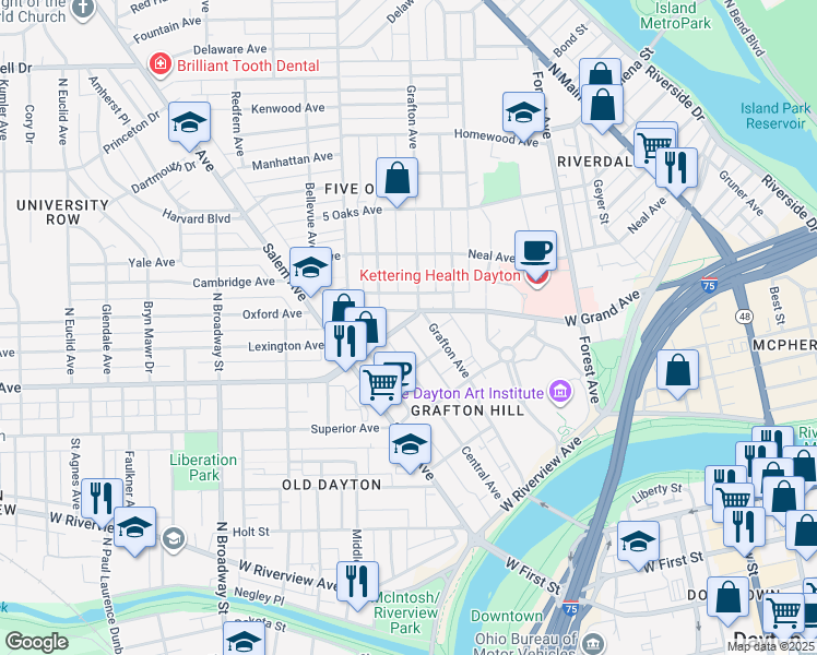 map of restaurants, bars, coffee shops, grocery stores, and more near 618 West Grand Avenue in Dayton