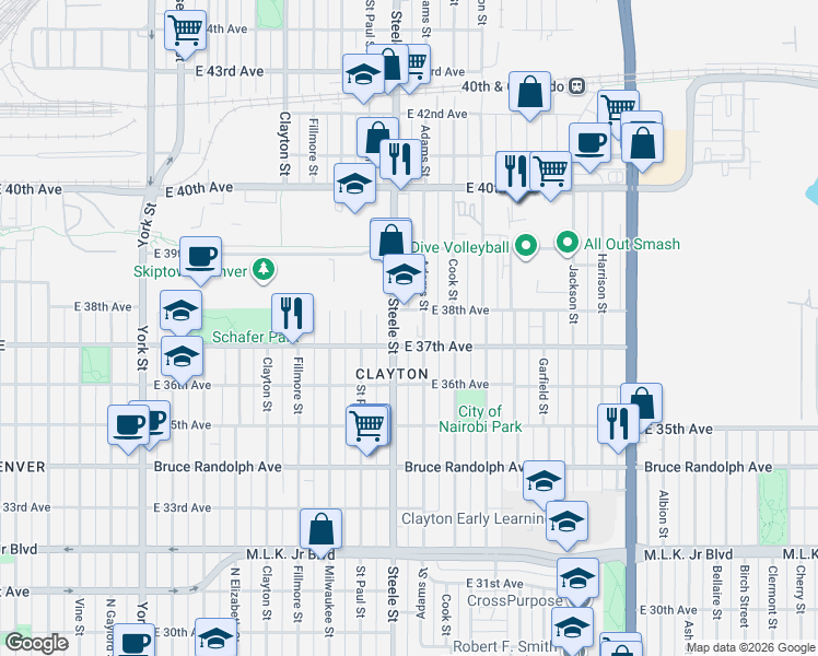 map of restaurants, bars, coffee shops, grocery stores, and more near 3695 Adams Street in Denver