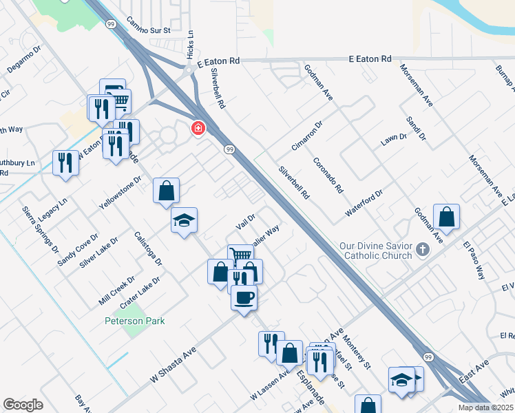 map of restaurants, bars, coffee shops, grocery stores, and more near 274 Vail Drive in Chico