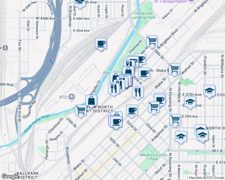 map of restaurants, bars, coffee shops, grocery stores, and more near 3299 Brighton Boulevard in Denver