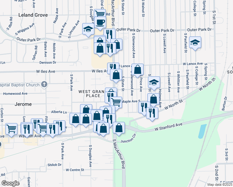 map of restaurants, bars, coffee shops, grocery stores, and more near 2881 South MacArthur Boulevard in Springfield