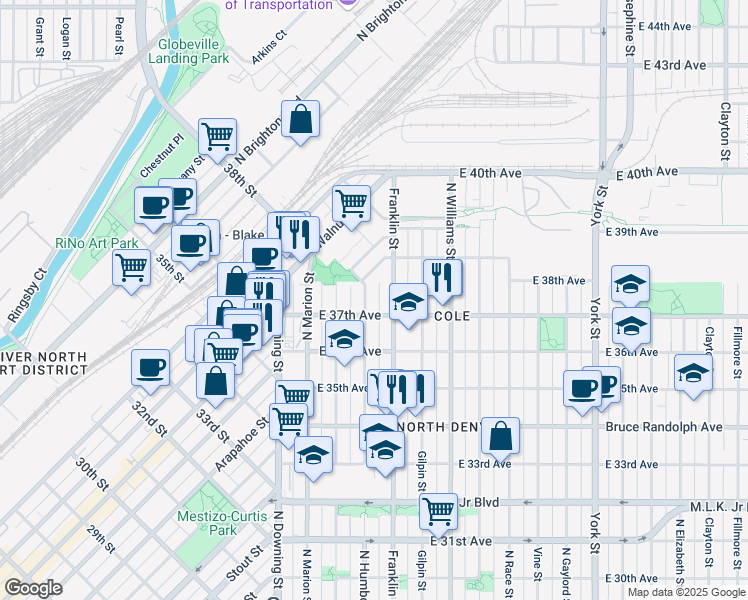 map of restaurants, bars, coffee shops, grocery stores, and more near 3653 Franklin Street in Denver