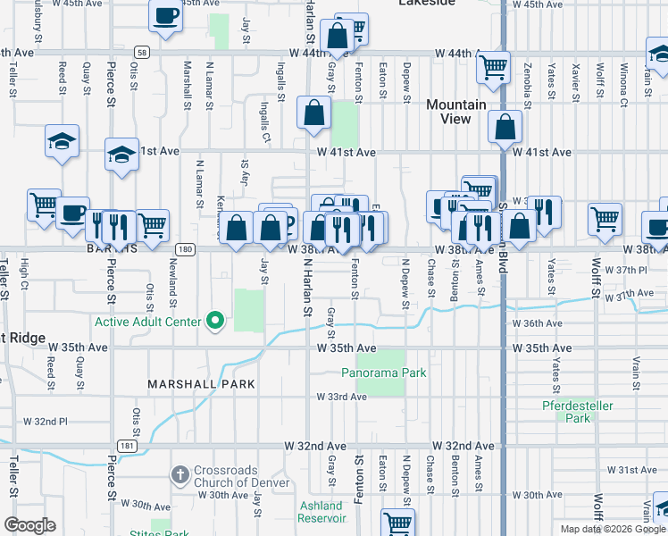 map of restaurants, bars, coffee shops, grocery stores, and more near 5890 West 37th Place in Wheat Ridge