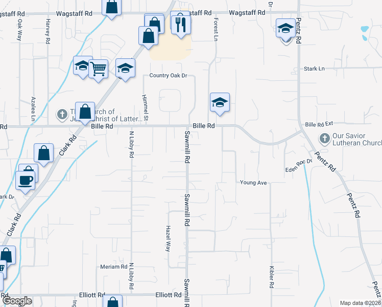 map of restaurants, bars, coffee shops, grocery stores, and more near 6146 Sawmill Road in Paradise