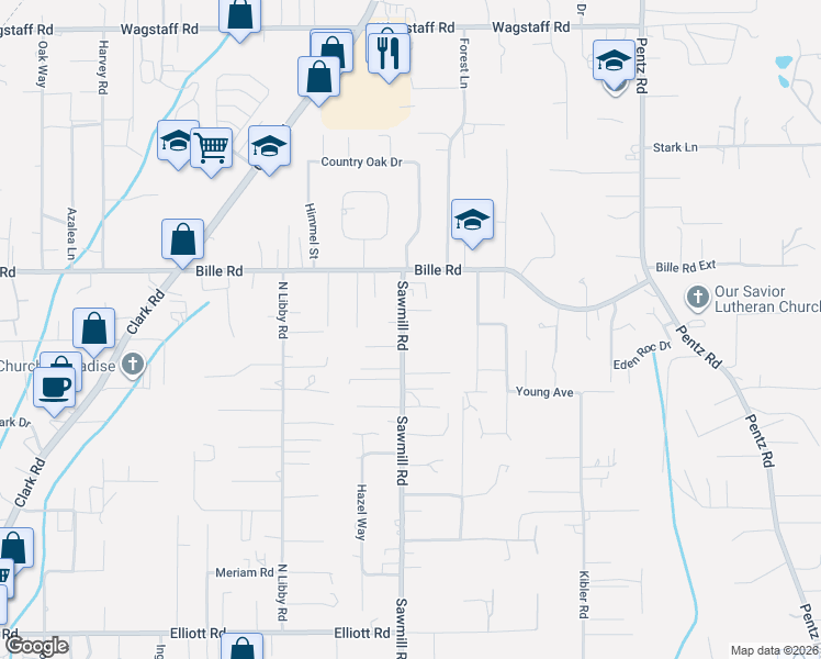map of restaurants, bars, coffee shops, grocery stores, and more near 6150 Sawmill Road in Paradise