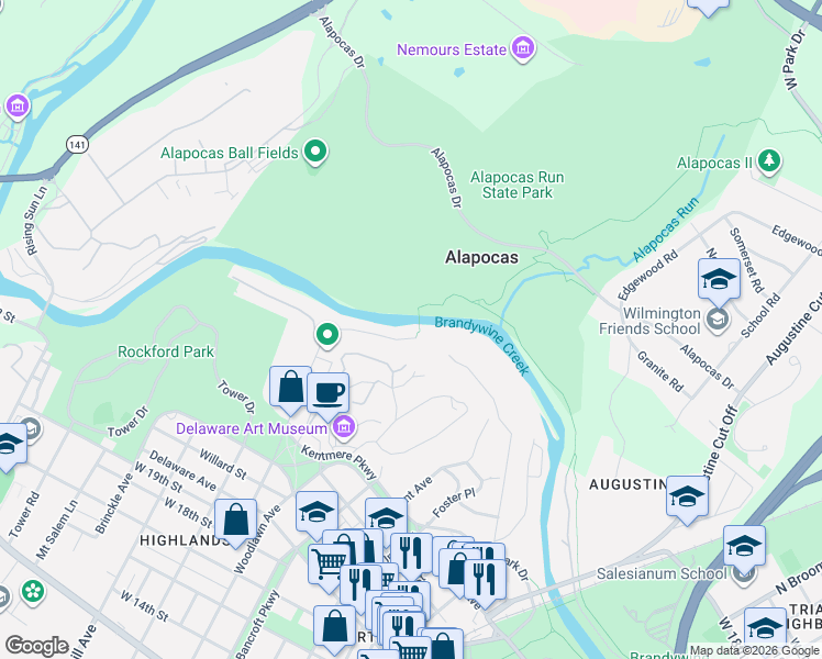 map of restaurants, bars, coffee shops, grocery stores, and more near 14 Hill Road in Wilmington