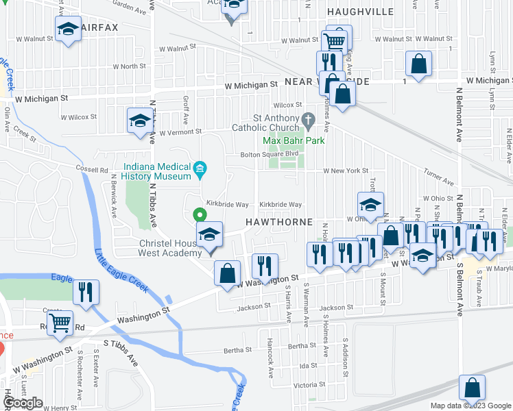 map of restaurants, bars, coffee shops, grocery stores, and more near 201 Steeples Boulevard in Indianapolis