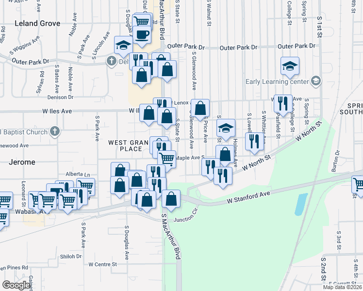 map of restaurants, bars, coffee shops, grocery stores, and more near 2825 South State Street in Springfield
