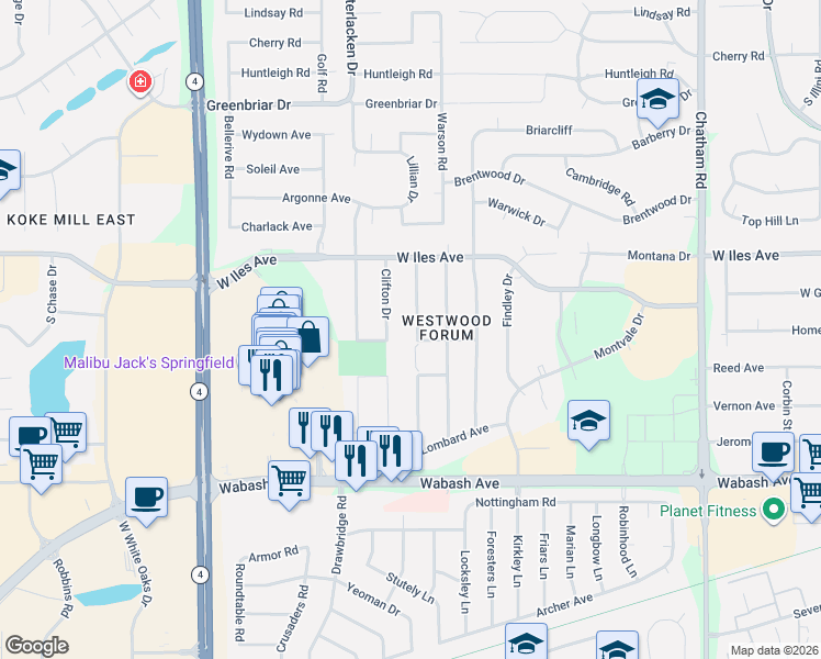 map of restaurants, bars, coffee shops, grocery stores, and more near 2721 Bennington Drive in Springfield