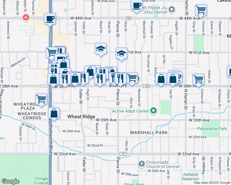 map of restaurants, bars, coffee shops, grocery stores, and more near 3650 Pierce Street in Wheat Ridge