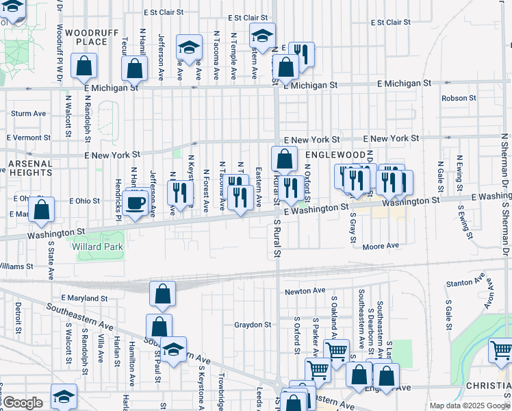 map of restaurants, bars, coffee shops, grocery stores, and more near 6 Eastern Avenue in Indianapolis