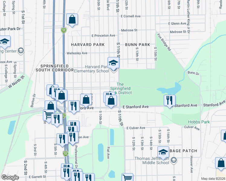map of restaurants, bars, coffee shops, grocery stores, and more near 2624-2628 Yale Boulevard in Springfield