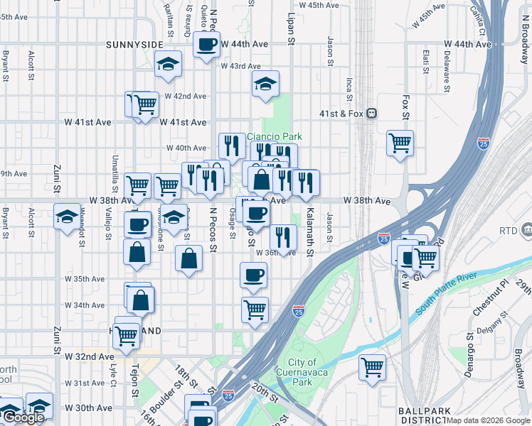 map of restaurants, bars, coffee shops, grocery stores, and more near 3725 Mariposa Street in Denver